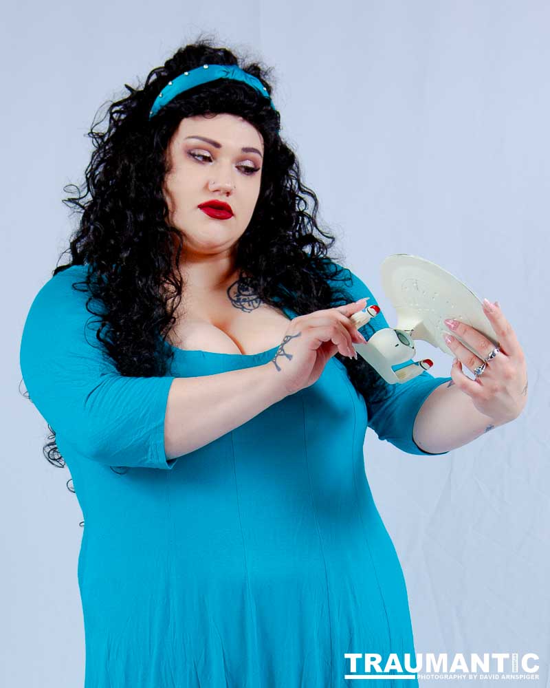 Dorian cosplaying as Deanna Troi from Star trek TNG.